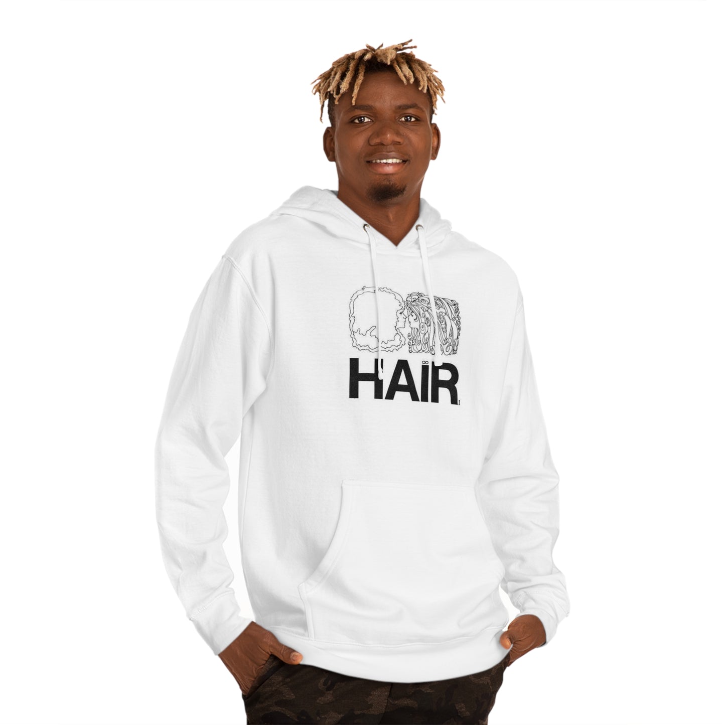 A white Hoodies with image and text with men