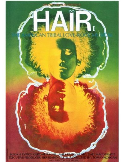 Poster for the musical 'Hair' with a stylized illustration of a person with afro hair against a green and red background.