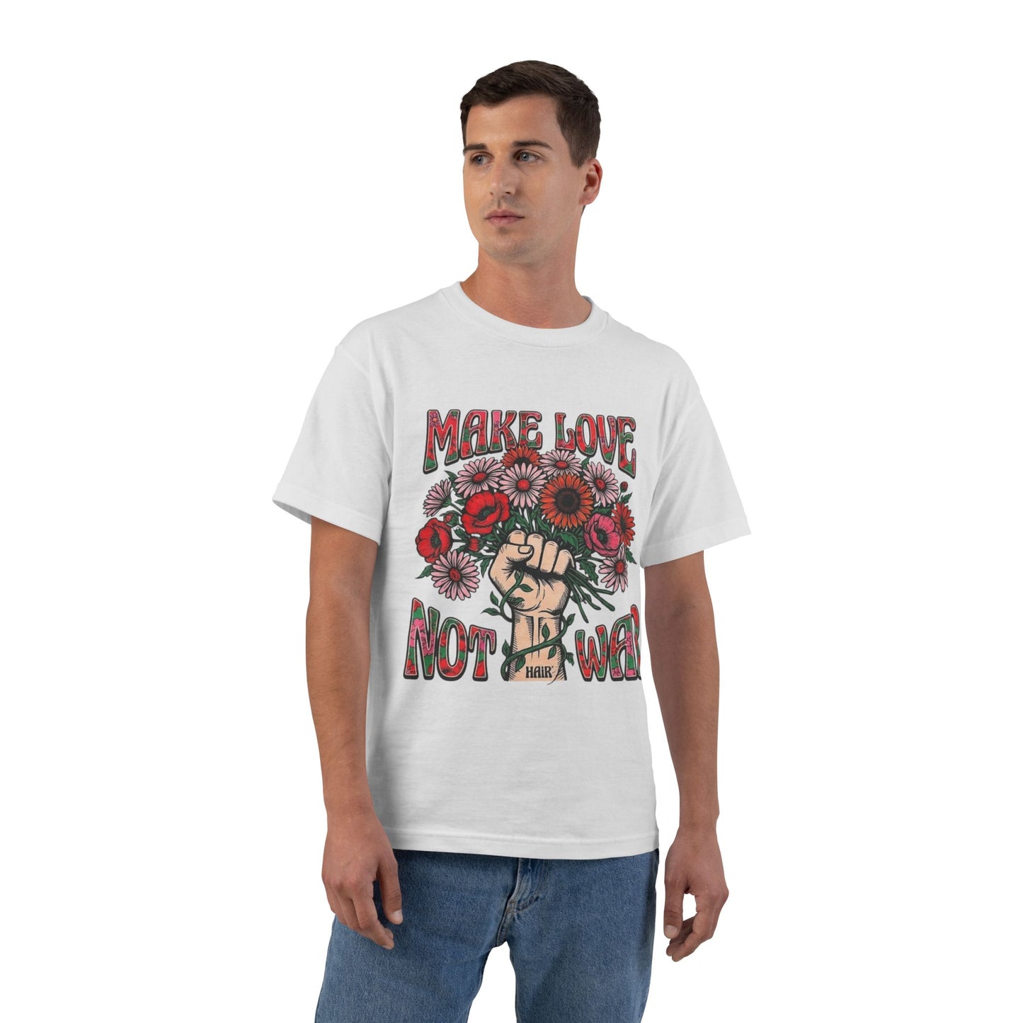 Make Love Not War T-Shirt — Retro Fist & Flowers Peace Tee