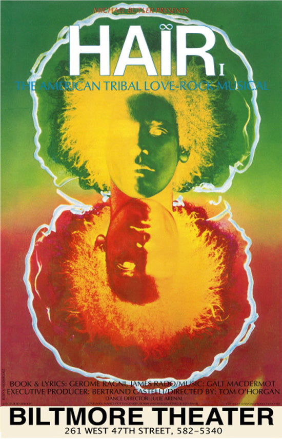 A colorful poster featuring the text 'HAiR the Musical' with a stylized, psychedelic design including human-like figures in vibrant hues, representing the theme of love and peace.