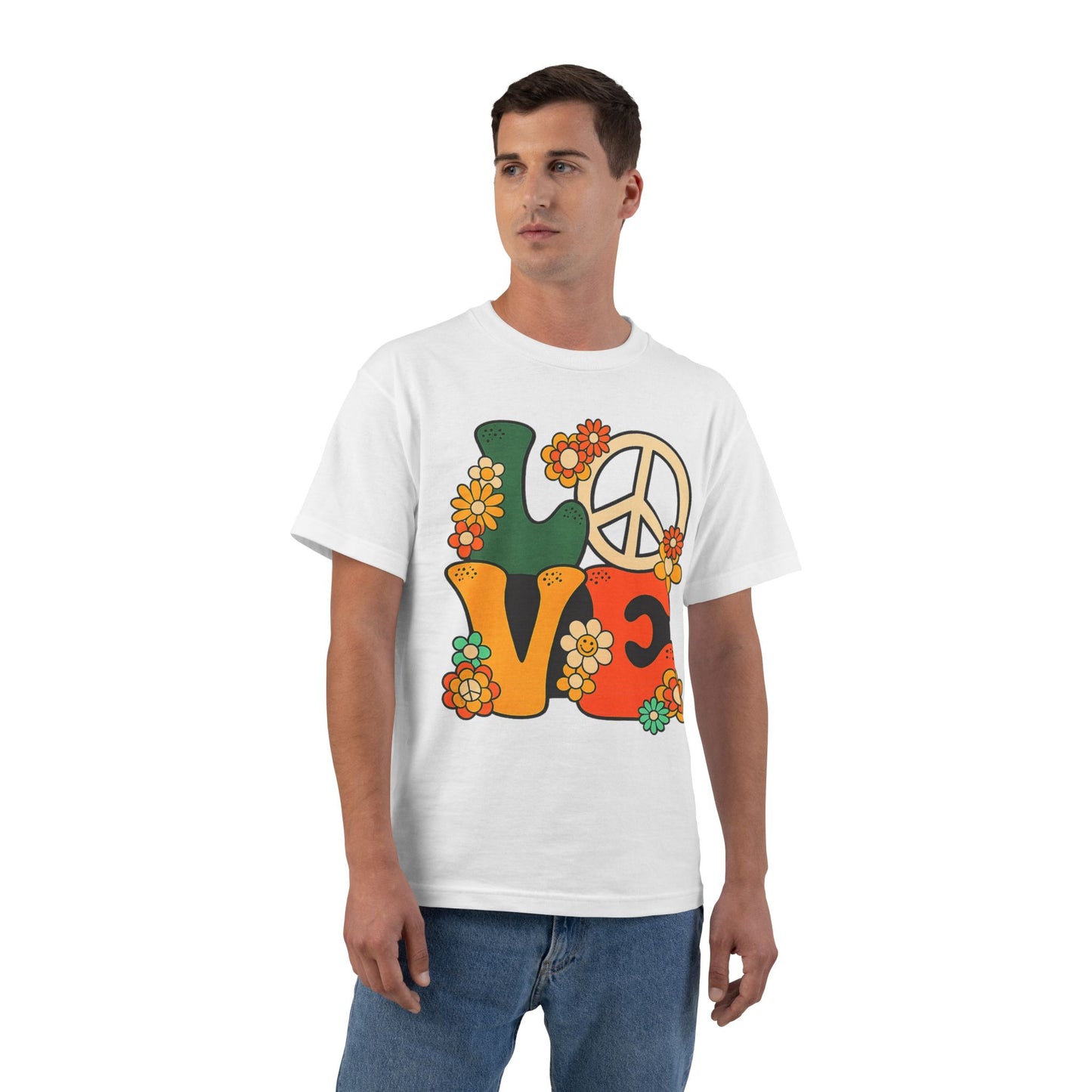 Man wearing a white t-shirt with a colorful 'LOVE' graphic design on a white background
