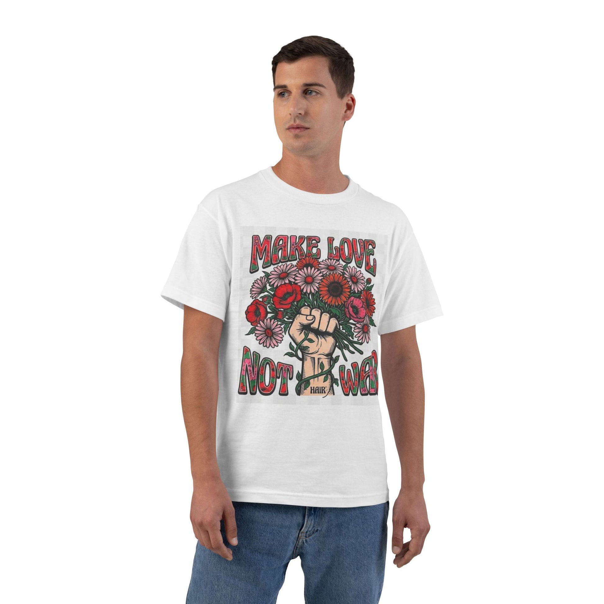 Man wearing a white t-shirt with a colorful 'LOVE' graphic design on a white background